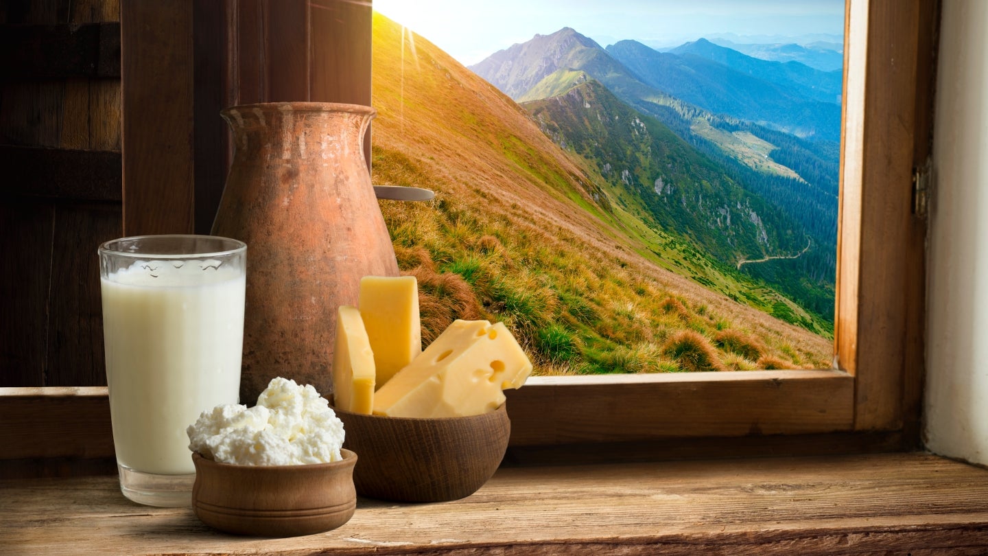 Ein paar Käsestücke und Milch vor einem Fenster mit Blick auf die Alpen