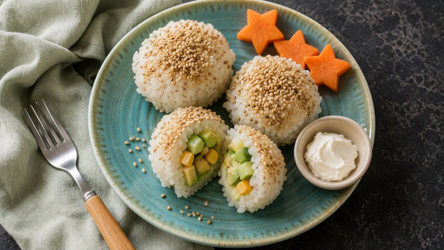 Sushi-Reis-Schatzkugeln angerichtet auf einem Teller mit Gemüse