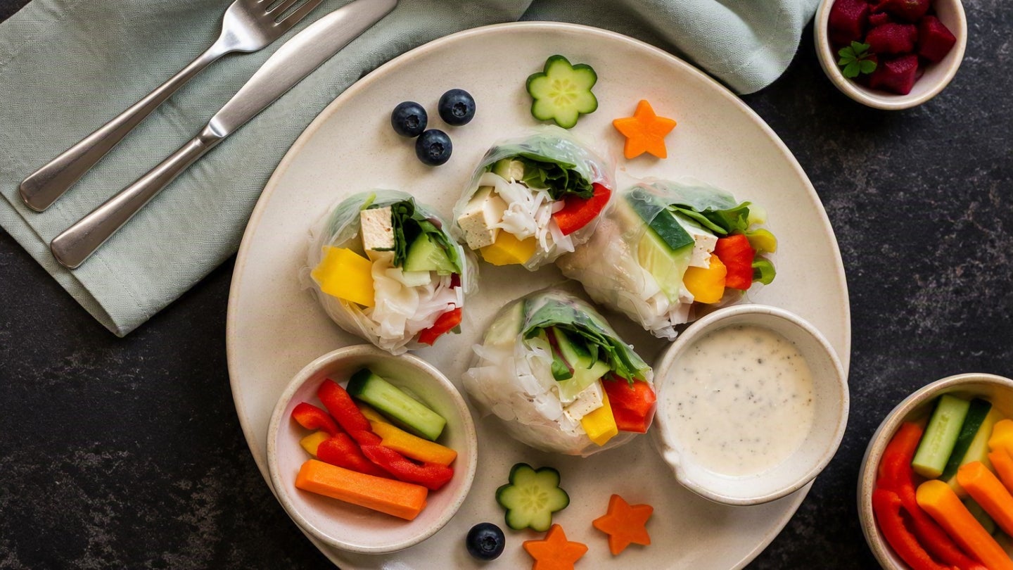 Summer-Rolls auf einem Teller mit diversem Gemüse und einem Joghurt-Dip