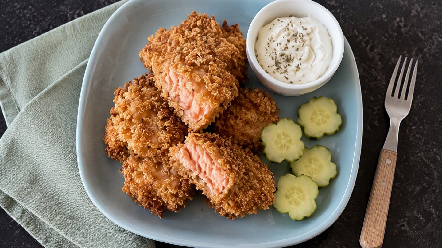 Lachs-Nuggets auf einem Teller angerichtet mit etwas Gurke und einem Frischkäse-Dip