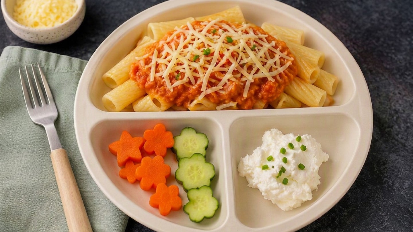 Ein angerichteter  Teller Nudeln mit Tomatensoße, sowie Frischkäse und etwas Gemüse