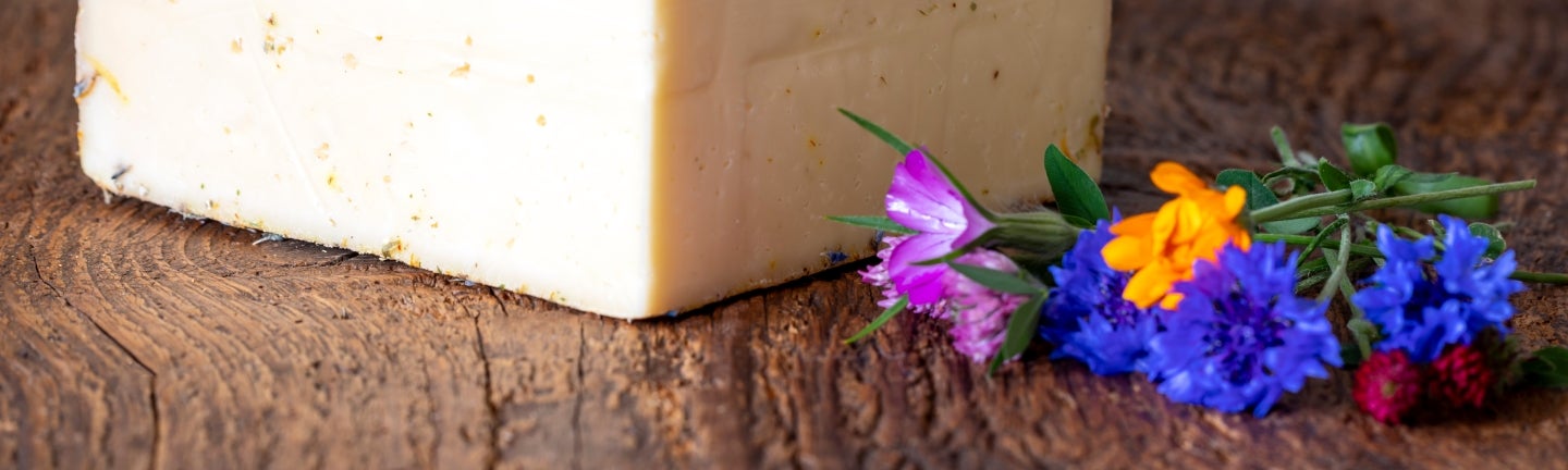 Ein Stück Bergkäse beschmückt mit ein paar Blumen in Lila, Blau, Gelb und Rot